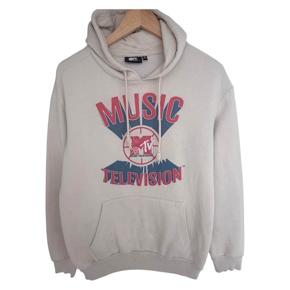 MTV MTVMTV Music Television Hoodie Mens Medium Cream Graphic Pullover Sweatshirt